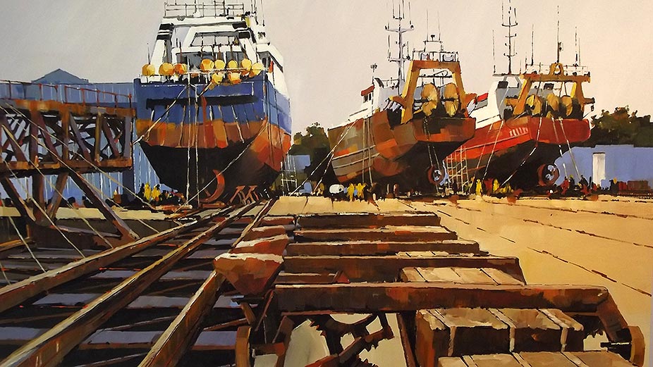 Chantier naval à Concarneau - acrylique sur contrecollé - 78 x 55 cm © Henri Belbéoc'h