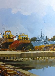 Henri BELBEOCH Chantier naval Concarneau Acrylique sur toile 130x70 1