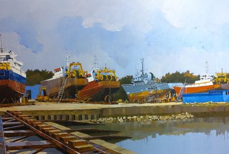 Henri BELBEOCH Chantier naval Concarneau Acrylique sur toile 130x70 1