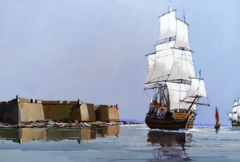 Henri BELBEOCH Le vaisseau devant Port Louis Acrylique sur contrecolle 82x58 1